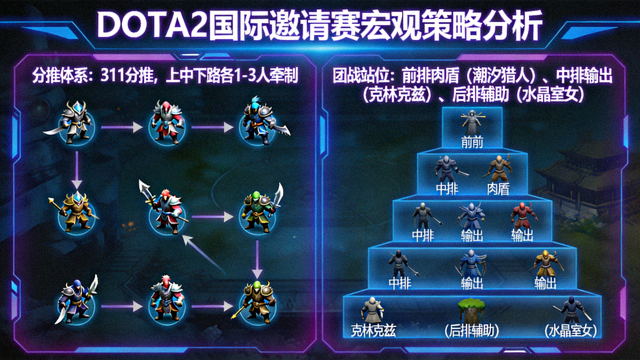 DOTA2国际邀请赛宏观策略分析画面，展示分推体系与团战站位示意