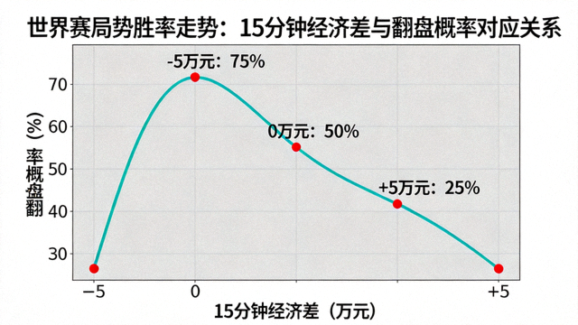 世界赛局势胜率走势曲线图，展示15分钟经济差与翻盘概率的对应关系